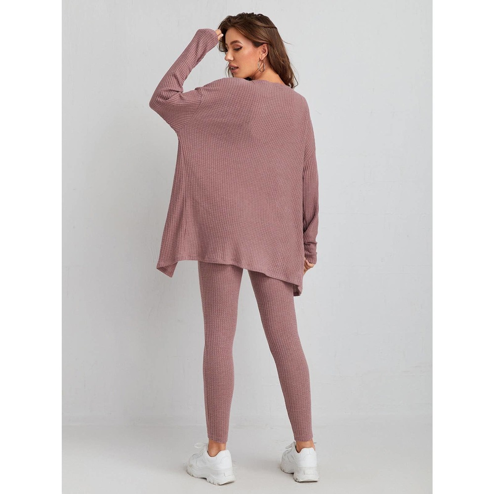 3 piece set: Waffle Knit Tank Top & Leggings & Coat cardigan mauve - Picture 2 of 11